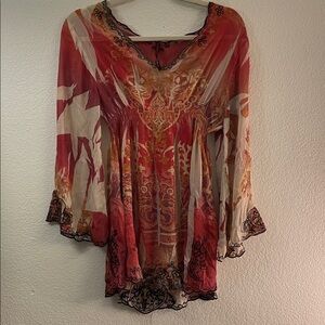 Sheer orange & Cream embroidered Boho V-Neck Women's Top whimsigoth y2k L